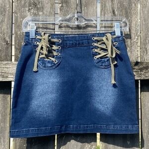 Zemeta Y2K Womens Blue Lace Up Denim Mini Skirt Dark Wash Olive Cord Size S